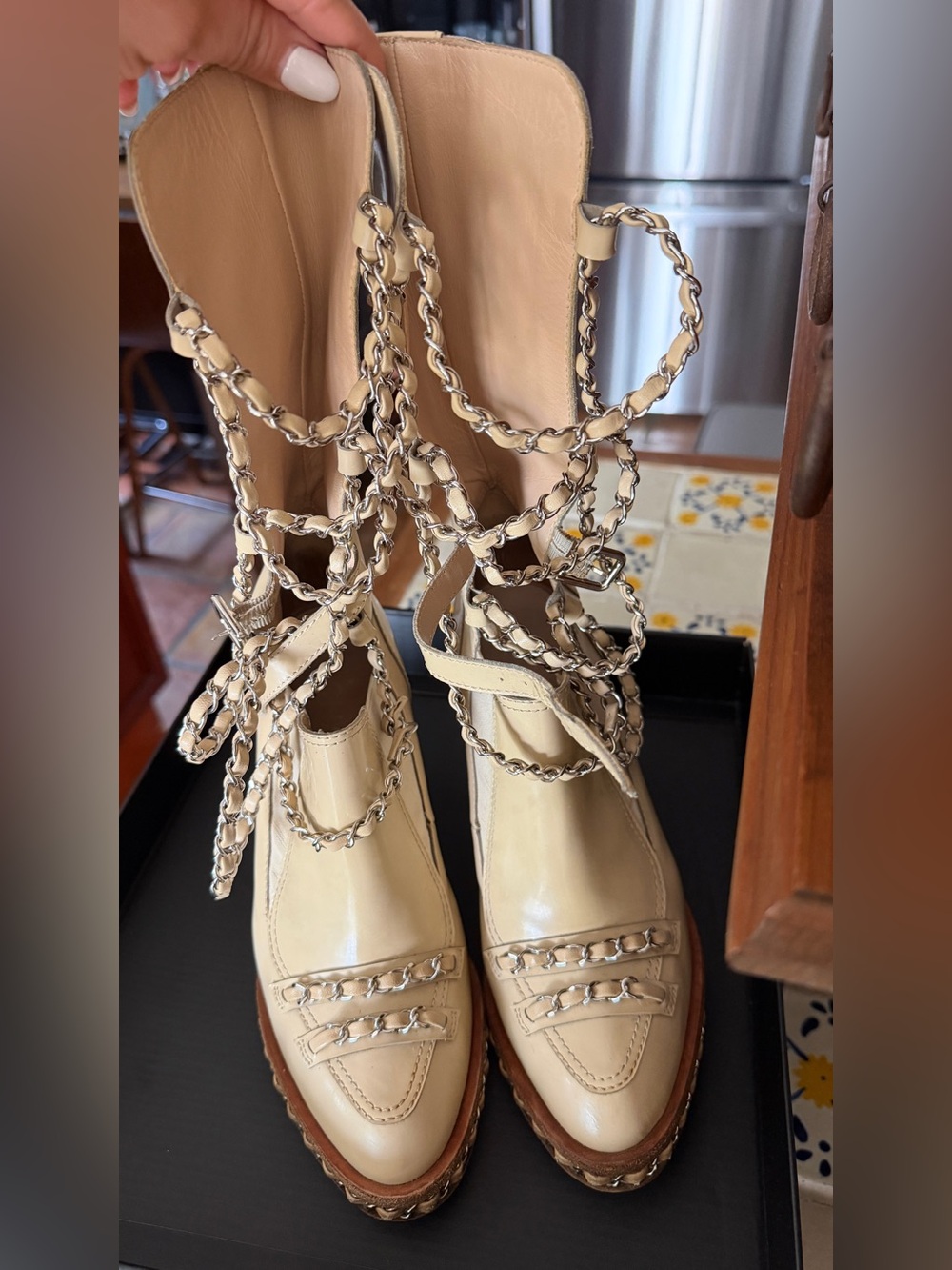 CHANEL Beige Leather Lace-Up Chain Detail Boots